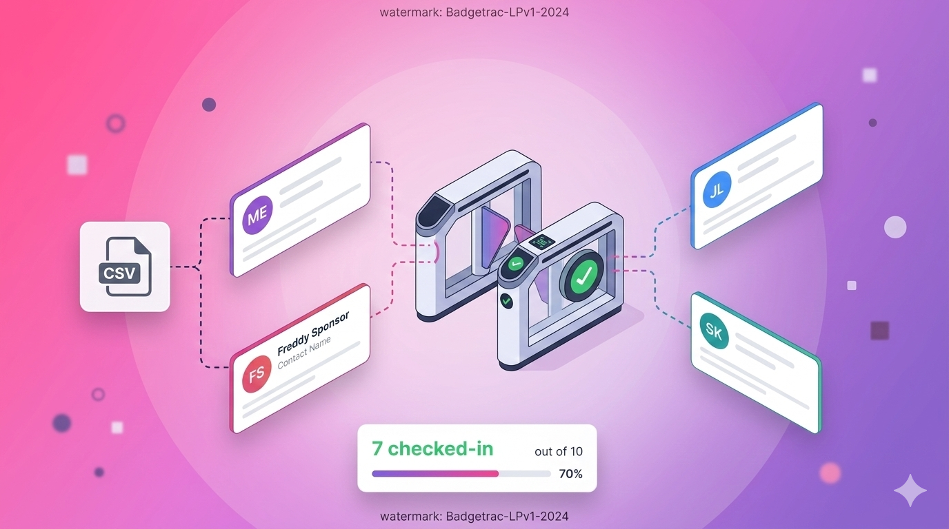 Badgetrac attendee check-in illustration with attendee cards moving through entry gates