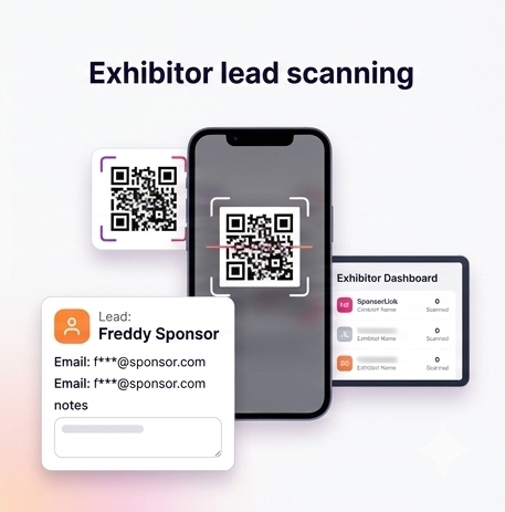 Badgetrac exhibitor lead scanning illustration with phone scanning, lead card, and exhibitor dashboard